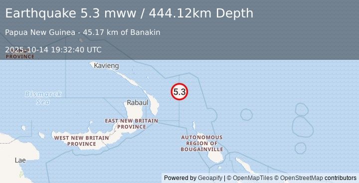Earthquake 206 km ENE of Kokopo, Papua New Guinea (5.3 mww) (2025-10-14 19:32:40 UTC)