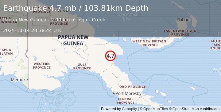 Earthquake 12 km SW of Lae, Papua New Guinea (4.7 mb) (2025-10-14 20:38:44 UTC)