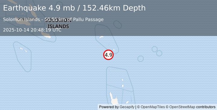 Earthquake 163 km SSE of Lata, Solomon Islands (4.9 mb) (2025-10-14 20:48:19 UTC)