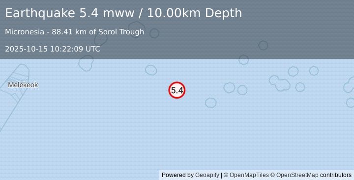Earthquake 299 km SSE of Fais, Micronesia (5.4 mww) (2025-10-15 10:22:09 UTC)