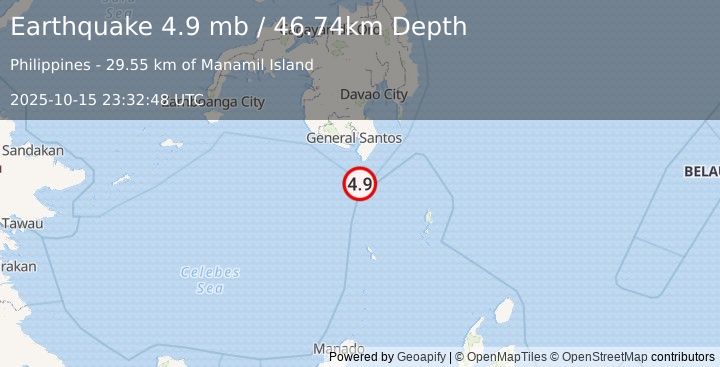 Earthquake 37 km SSW of Sarangani, Philippines (4.9 mb) (2025-10-15 23:32:48 UTC)