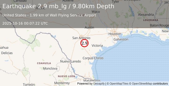 Earthquake 13 km WSW of Poth, Texas (2.9 mb_lg) (2025-10-16 00:07:22 UTC)
