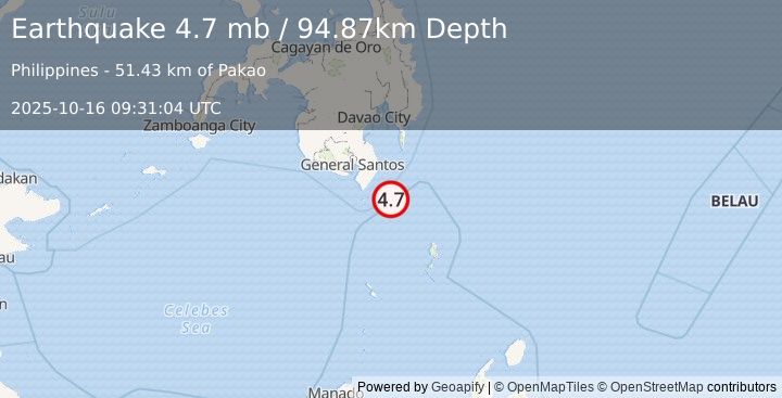 Earthquake 54 km E of Sarangani, Philippines (4.7 mb) (2025-10-16 09:31:04 UTC)