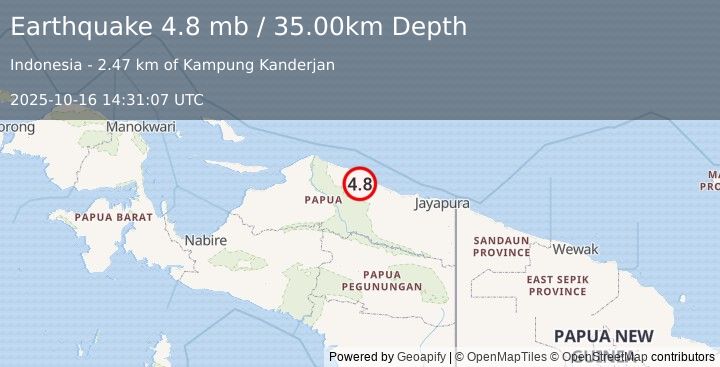 Earthquake 200 km WNW of Abepura, Indonesia (4.8 mb) (2025-10-16 14:31:07 UTC)