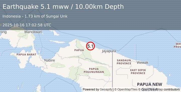 Earthquake 180 km WNW of Abepura, Indonesia (5.1 mww) (2025-10-16 17:02:58 UTC)
