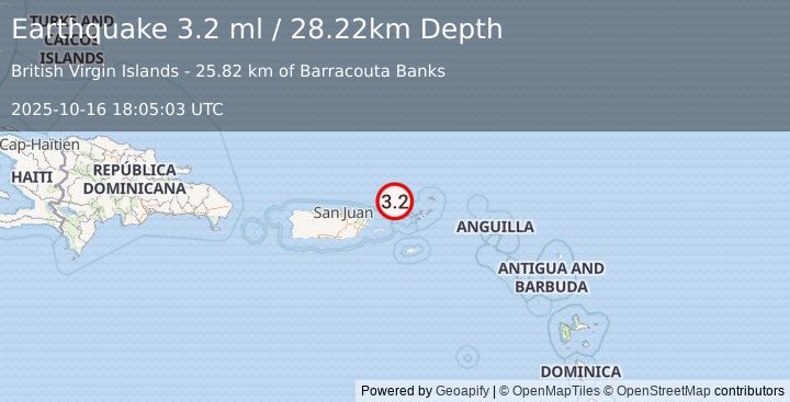 Earthquake 40 km NNW of Charlotte Amalie, U.S. Virgin Islands (3.2 ml) (2025-10-16 18:05:03 UTC)