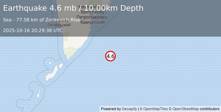 Earthquake 221 km SSE of Vilyuchinsk, Russia (4.6 mb) (2025-10-16 20:29:38 UTC)