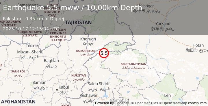 Earthquake 43 km ESE of Khandūd, Afghanistan (5.5 mww) (2025-10-17 12:15:04 UTC)