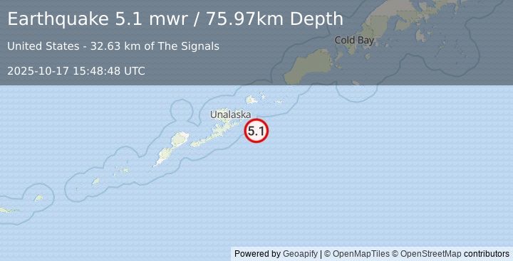 Earthquake 62 km S of Akutan, Alaska (5.1 mwr) (2025-10-17 15:48:48 UTC)