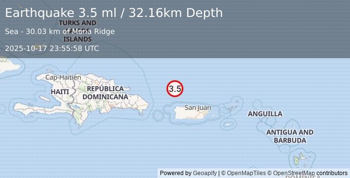 Earthquake 84 km N of Isabela, Puerto Rico (3.5 ml) (2025-10-17 23:55:58 UTC)