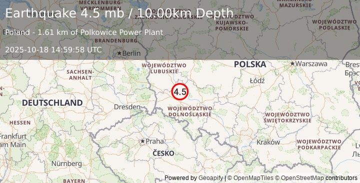 Earthquake 4 km S of Polkowice, Poland (4.5 mb) (2025-10-18 14:59:58 UTC)