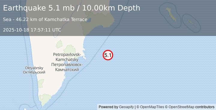 Earthquake 204 km E of Petropavlovsk-Kamchatsky, Russia (5.1 mb) (2025-10-18 17:57:11 UTC)