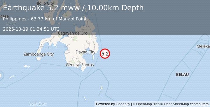 Earthquake 66 km ESE of Manay, Philippines (5.2 mww) (2025-10-19 01:34:51 UTC)