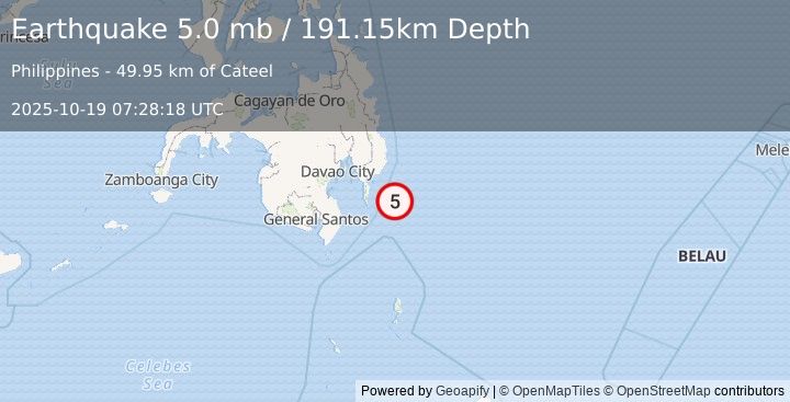 Earthquake 64 km SE of Bobon, Philippines (5.0 mb) (2025-10-19 07:28:18 UTC)