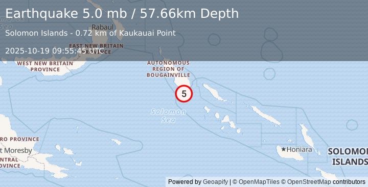 Earthquake 84 km SSE of Panguna, Papua New Guinea (5.0 mb) (2025-10-19 09:55:45 UTC)