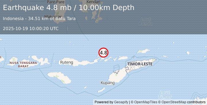 Earthquake 143 km NE of Maumere, Indonesia (4.8 mb) (2025-10-19 10:00:20 UTC)