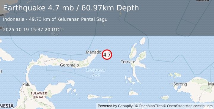 Earthquake 80 km E of Bitung, Indonesia (4.7 mb) (2025-10-19 15:37:20 UTC)