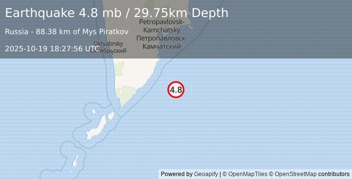 Earthquake 171 km SSE of Vilyuchinsk, Russia (4.8 mb) (2025-10-19 18:27:56 UTC)