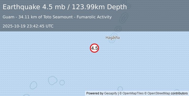 Earthquake 171 km WSW of Merizo Village, Guam (4.5 mb) (2025-10-19 23:42:45 UTC)