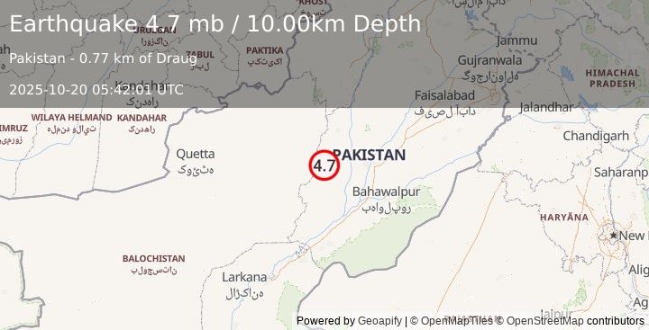 Earthquake 46 km W of Dera Ghazi Khan, Pakistan (4.7 mb) (2025-10-20 05:42:01 UTC)