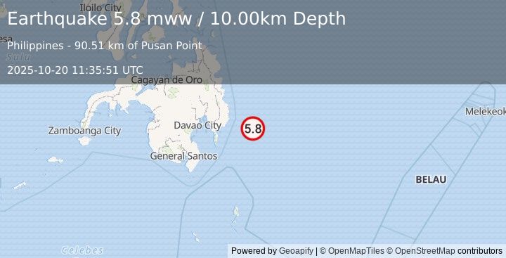 Earthquake 93 km ESE of Santiago, Philippines (5.8 mww) (2025-10-20 11:35:51 UTC)