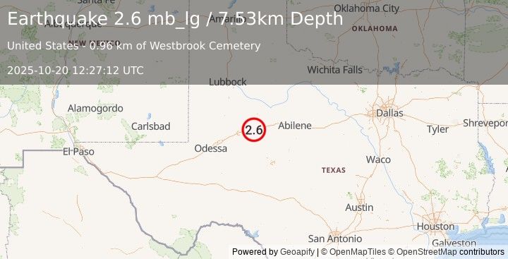Earthquake 2 km SSW of Westbrook, Texas (2.6 mb_lg) (2025-10-20 12:27:12 UTC)