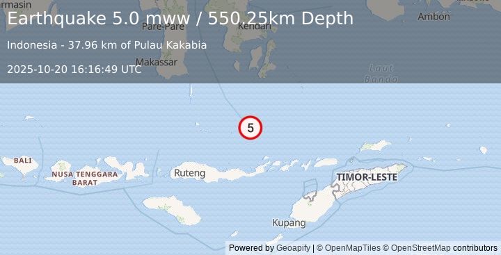 Earthquake 158 km N of Maumere, Indonesia (5.0 mww) (2025-10-20 16:16:49 UTC)