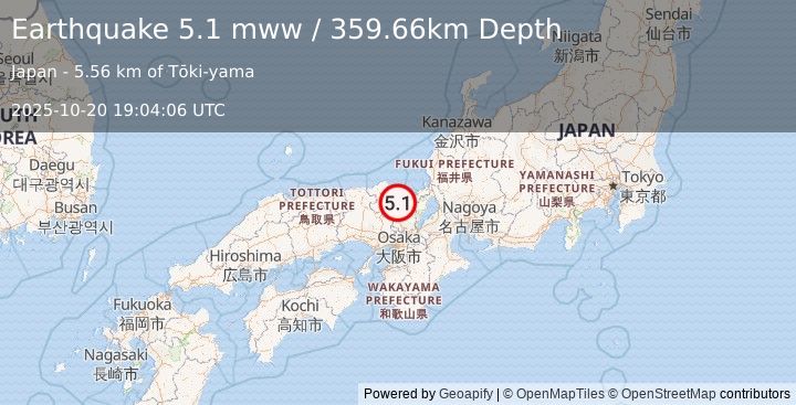 Earthquake 11 km SSW of Takahama, Japan (5.1 mww) (2025-10-20 19:04:06 UTC)