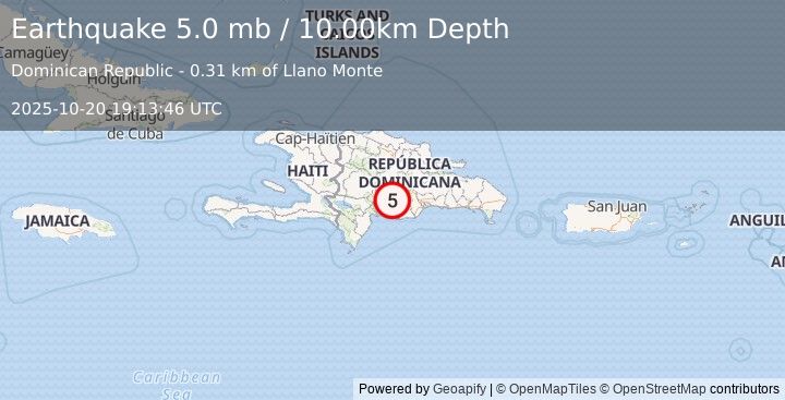 Earthquake 13 km N of Estebanía, Dominican Republic (5.0 mb) (2025-10-20 19:13:46 UTC)
