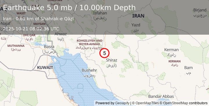 Earthquake 47 km ENE of Nūrābād, Iran (5.0 mb) (2025-10-21 08:02:36 UTC)