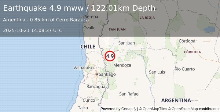 Earthquake 98 km ENE of Los Andes, Chile (4.9 mww) (2025-10-21 14:08:37 UTC)