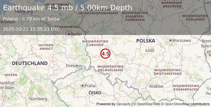 Earthquake 3 km NW of Grębocice, Poland (4.5 mb) (2025-10-21 15:35:21 UTC)