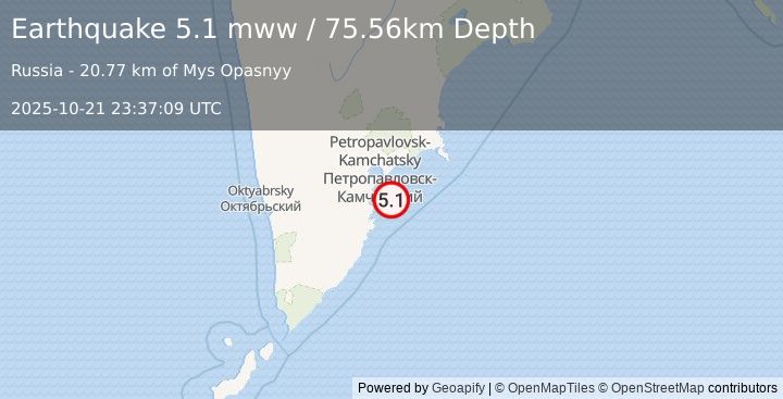 Earthquake 45 km SE of Vilyuchinsk, Russia (5.1 mww) (2025-10-21 23:37:09 UTC)