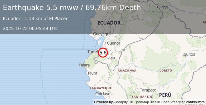 Earthquake 16 km WNW of Piñas, Ecuador (5.5 mww) (2025-10-22 00:05:44 UTC)