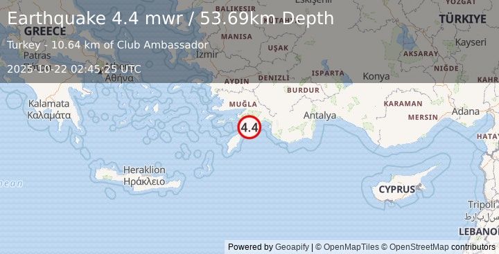 Earthquake 25 km SW of Sarigerme, Turkey (4.4 mwr) (2025-10-22 02:45:25 UTC)