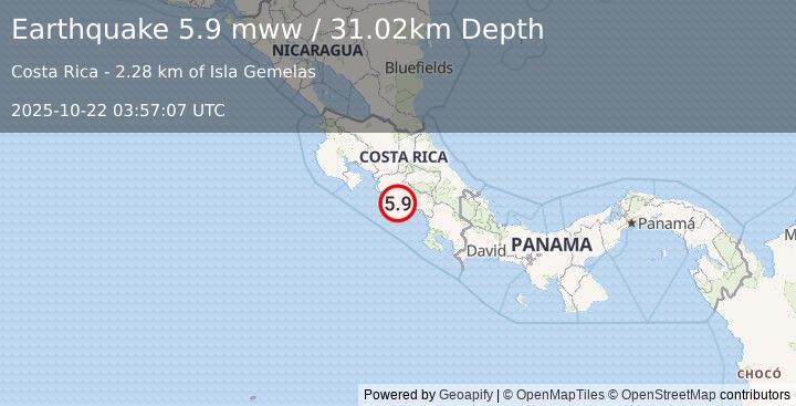 Earthquake 7 km SSW of Quepos, Costa Rica (5.9 mww) (2025-10-22 03:57:07 UTC)