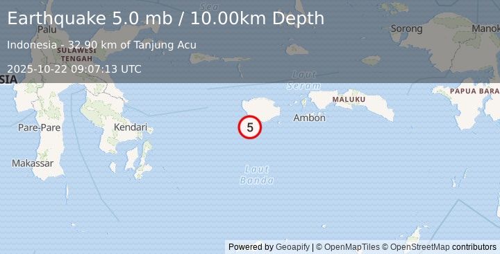Earthquake 212 km W of Ambon, Indonesia (5.0 mb) (2025-10-22 09:07:13 UTC)