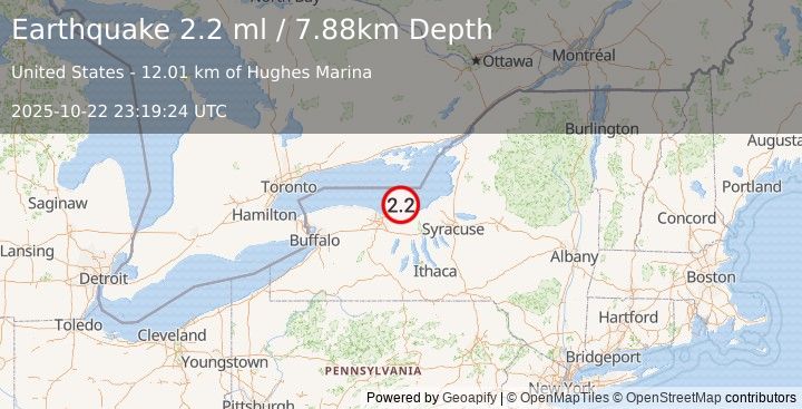 Earthquake 12 km N of Pultneyville, New York (2.2 ml) (2025-10-22 23:19:24 UTC)