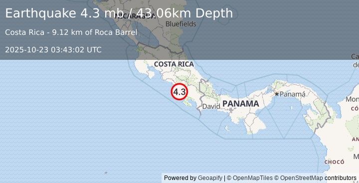 Earthquake 33 km SSW of Daniel Flores, Costa Rica (4.3 mb) (2025-10-23 03:43:02 UTC)