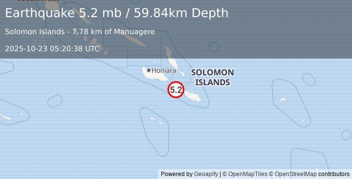 Earthquake 83 km WNW of Kirakira, Solomon Islands (5.2 mb) (2025-10-23 05:20:38 UTC)