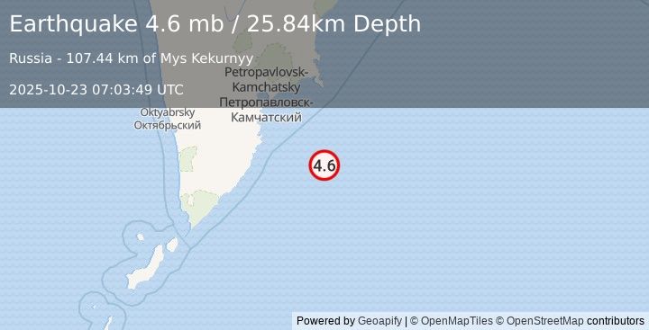 Earthquake 155 km SE of Vilyuchinsk, Russia (4.6 mb) (2025-10-23 07:03:49 UTC)