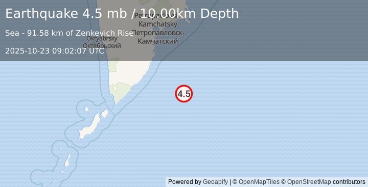 Earthquake 205 km SSE of Vilyuchinsk, Russia (4.5 mb) (2025-10-23 09:02:07 UTC)
