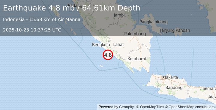 Earthquake 78 km SW of Pagar Alam, Indonesia (4.8 mb) (2025-10-23 10:37:25 UTC)