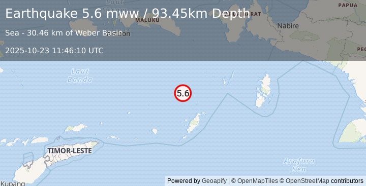 Earthquake 210 km WSW of Tual, Indonesia (5.6 mww) (2025-10-23 11:46:10 UTC)