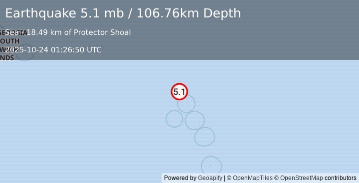 Earthquake South Sandwich Islands region (5.1 mb) (2025-10-24 01:26:50 UTC)