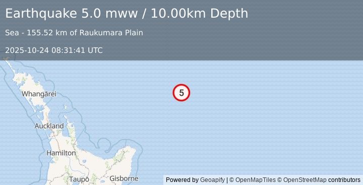 Earthquake 291 km NE of Hicks Bay, New Zealand (5.0 mww) (2025-10-24 08:31:41 UTC)