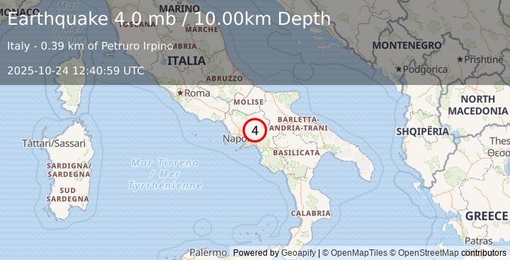 Earthquake 0 km ESE of Petruro Irpino, Italy (4.0 mb) (2025-10-24 12:40:59 UTC)