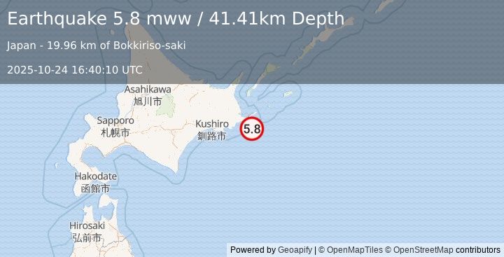 Earthquake 35 km S of Nemuro, Japan (5.8 mww) (2025-10-24 16:40:10 UTC)