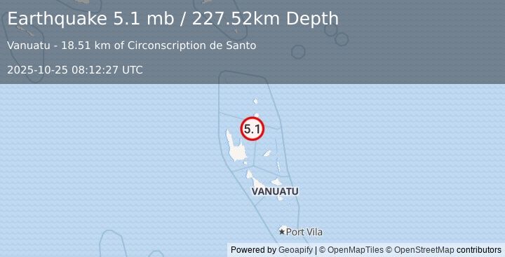 Earthquake 57 km NE of Port-Olry, Vanuatu (5.1 mb) (2025-10-25 08:12:27 UTC)