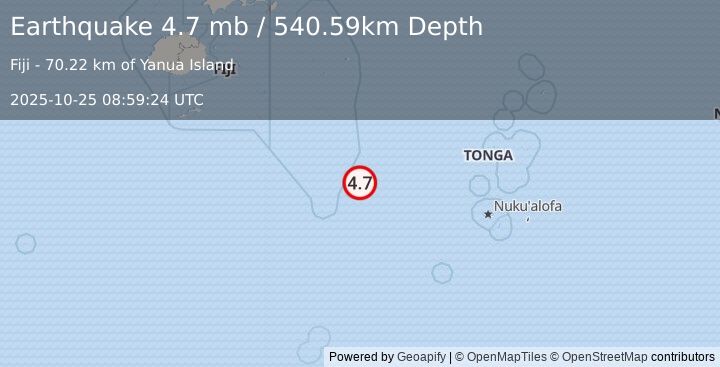 Earthquake 292 km WNW of Houma, Tonga (4.7 mb) (2025-10-25 08:59:24 UTC)